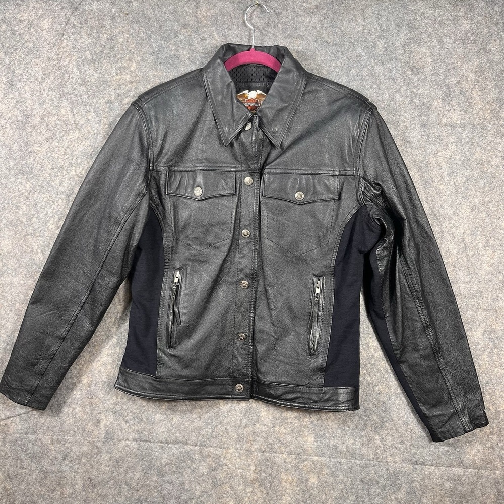 Harley Davidson Black‎ Leather Button Up Motorcycle Biker Jacket Size LW Women's